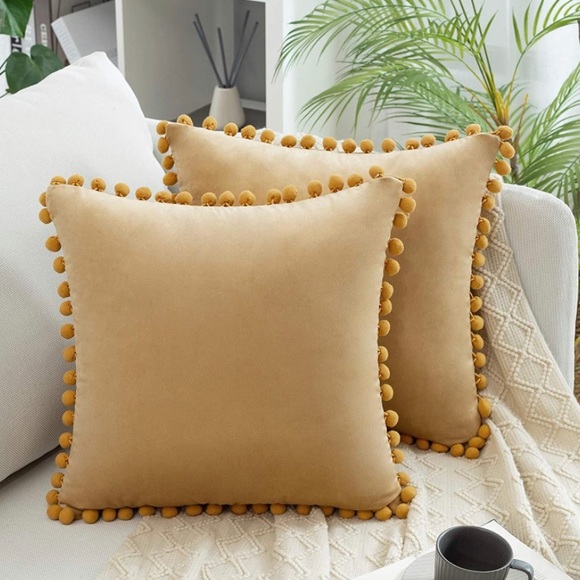 Luxury Home | Golden Khaki Soft Velvet Pom Pom Trim Throw Pillow Covers - Picture 2 of 8